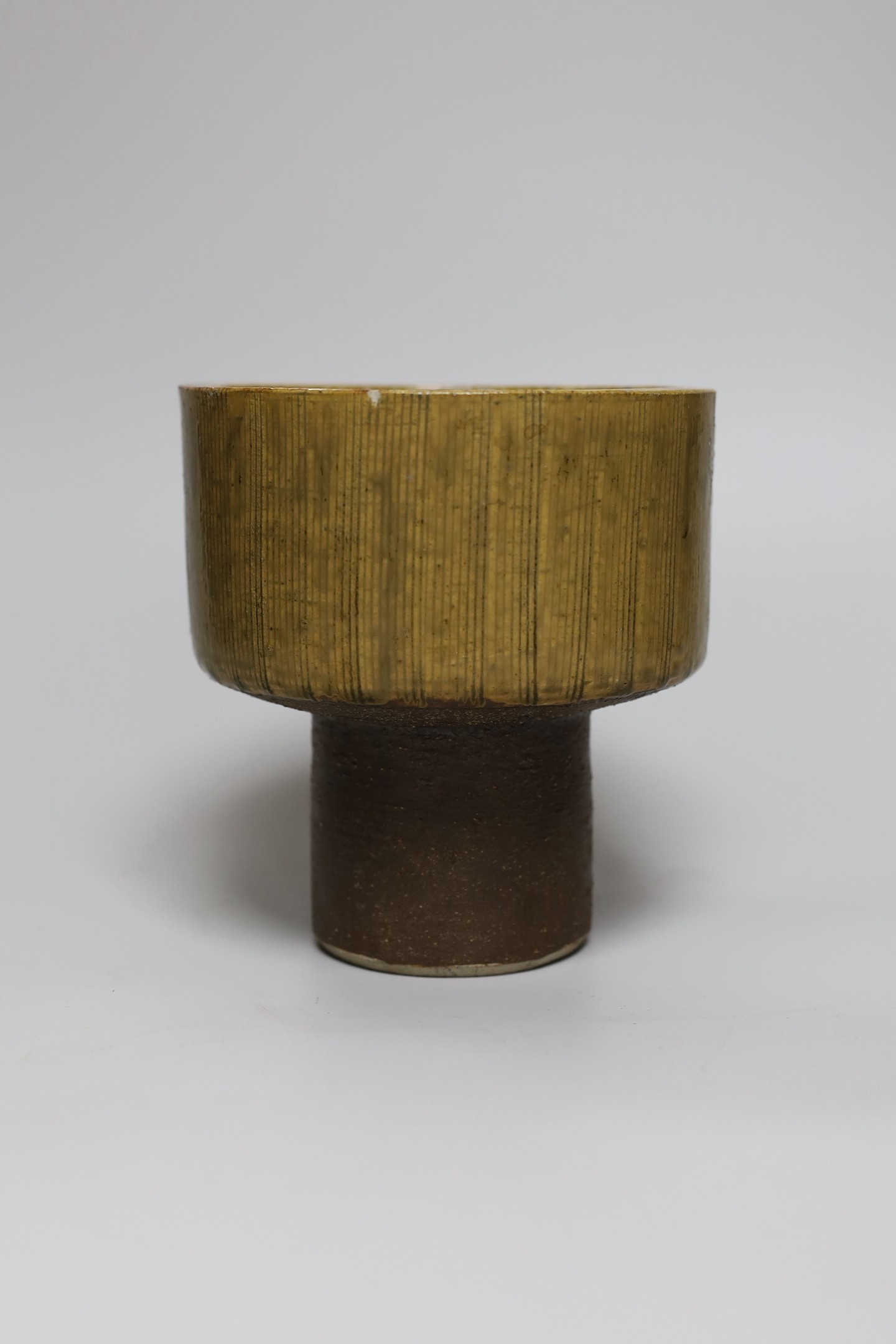 Ruth Sulke - two studio glazed stoneware ‘mushroom’ vases, together with a small studio pottery jardiniere, tallest 21cm